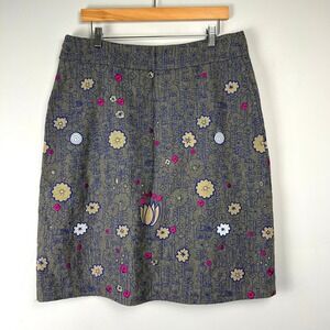 White Stuff Wool Blend Embroidered Floral A-Line Midi Skirt US 10 Folk Artsy